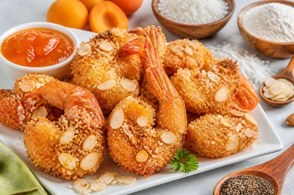 Crevettes croustillantes à la noix de coco et amandes, sauce aigre-douce à l'abricot