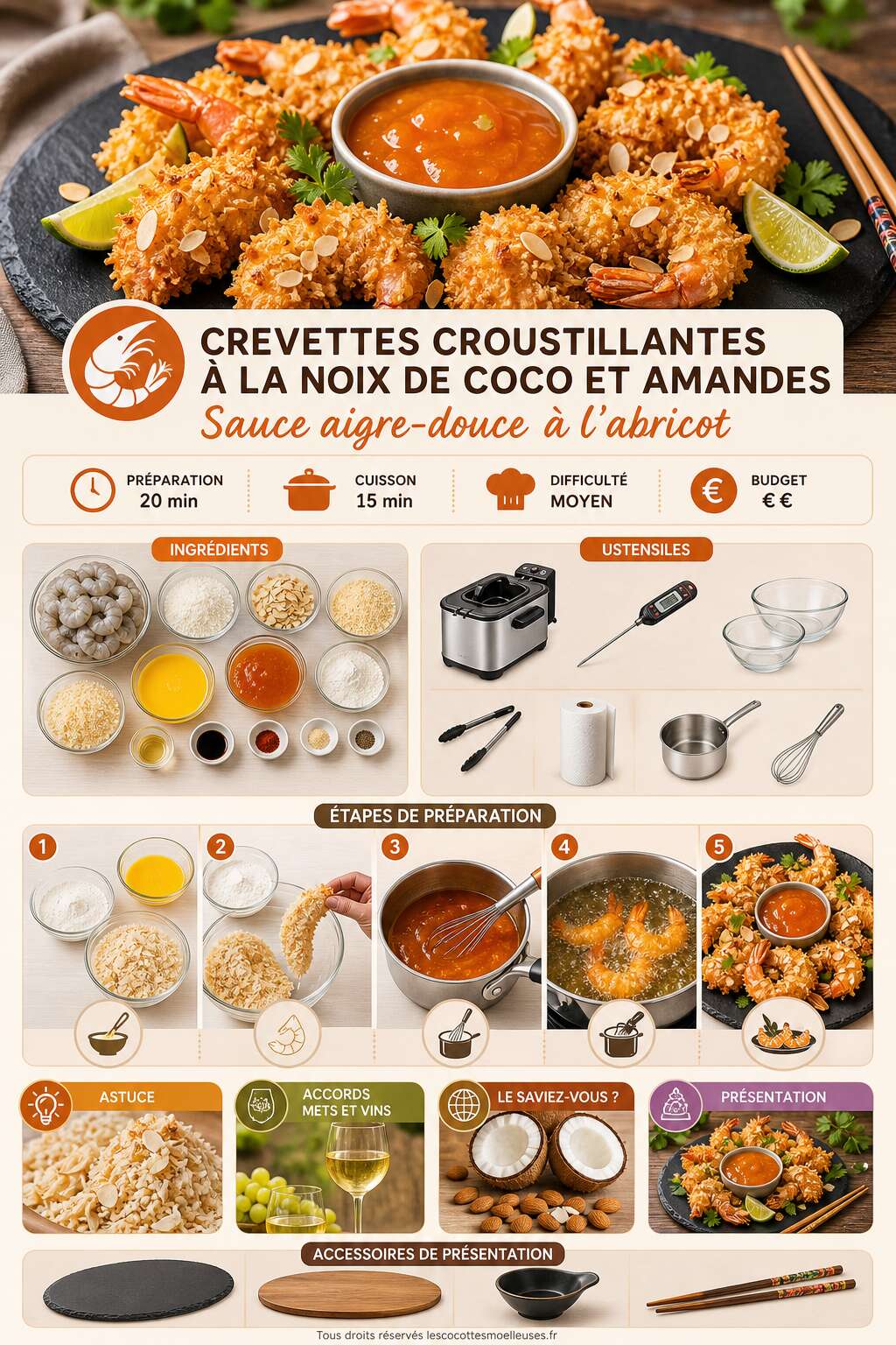 Fiche recette Crevettes croustillantes à la noix de coco et amandes, sauce aigre-douce à l'abricot Fiche recette Crevettes croustillantes à la noix de coco et amandes, sauce aigre-douce à l'abricot