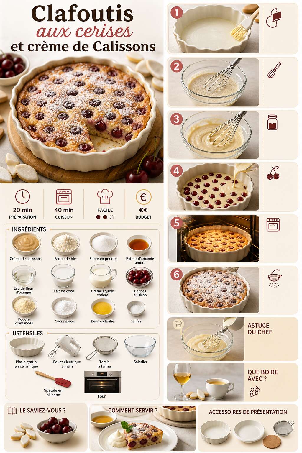 Fiche recette Clafoutis aux cerises et crème de Calissons : recette gourmande Fiche recette Clafoutis aux cerises et crème de Calissons : recette gourmande