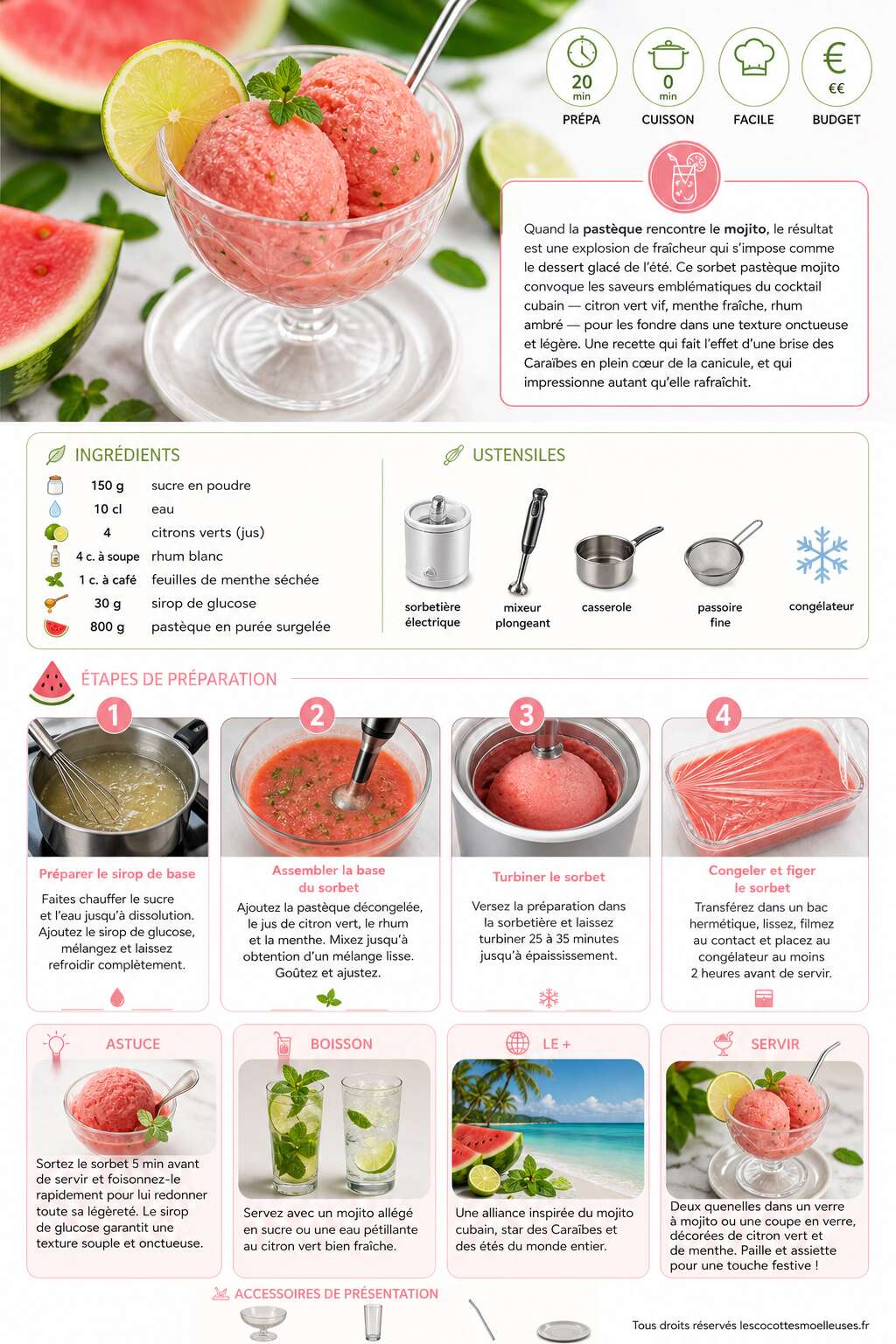 Fiche recette Sorbet past&egrave;que mojito : recette au citron vert et rhum