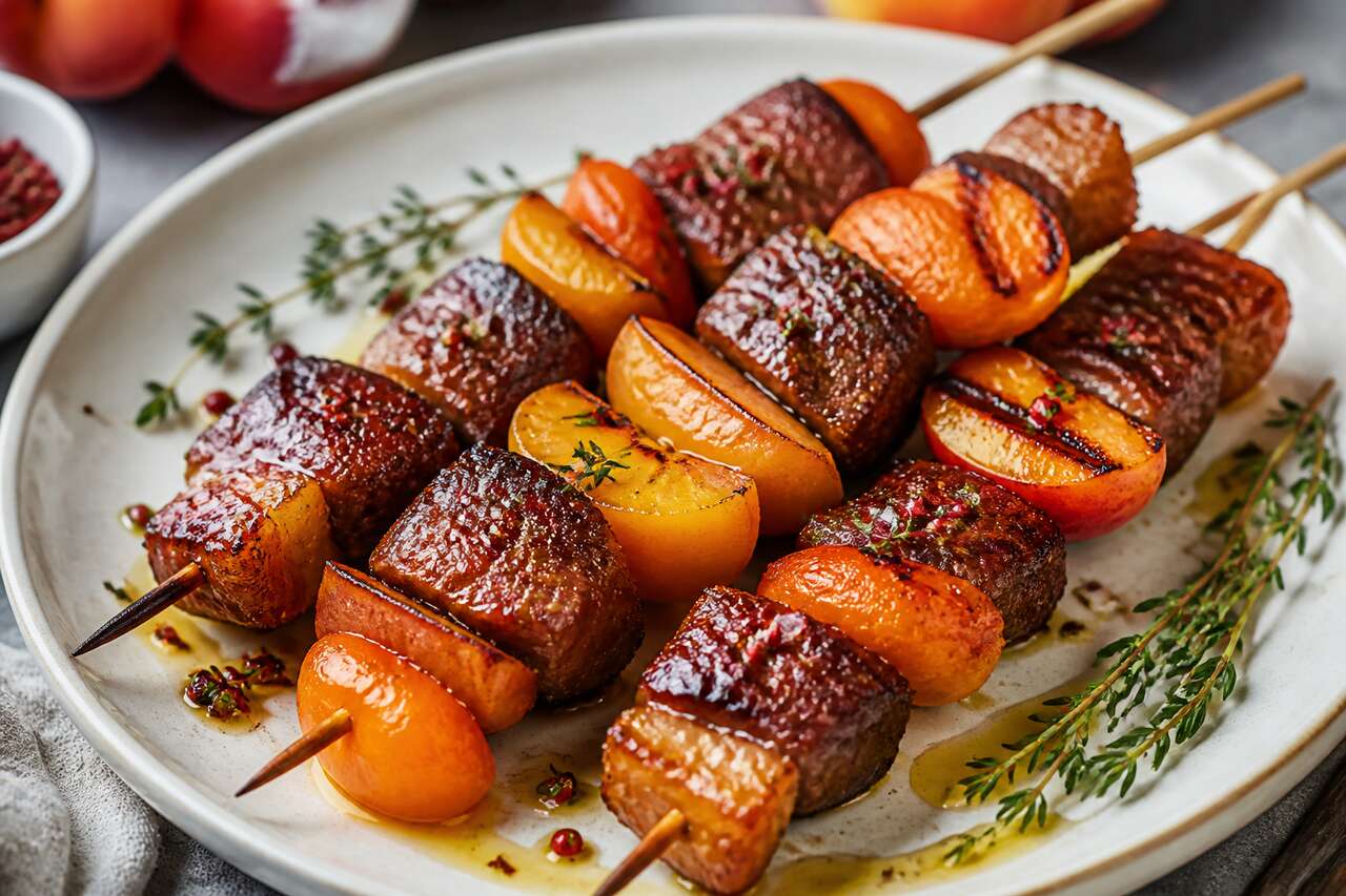 Brochettes de magret de canard aux pêches et abricots : recette savoureuse