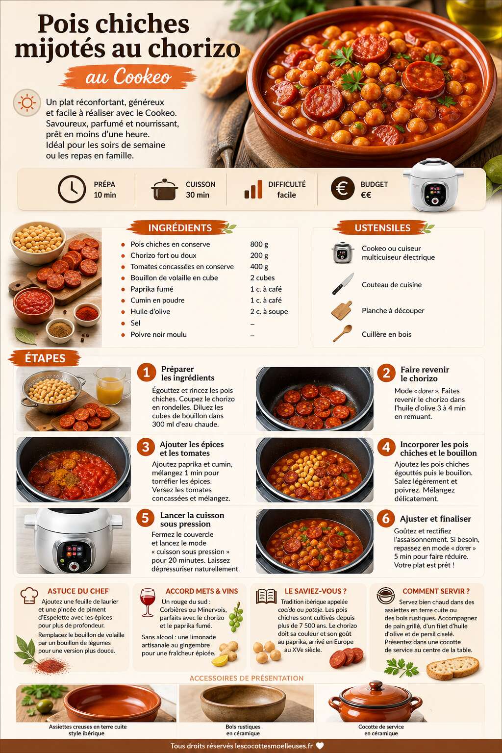 Fiche recette Pois chiches mijotés au chorizo au Cookeo : recette savoureuse Fiche recette Pois chiches mijotés au chorizo au Cookeo : recette savoureuse