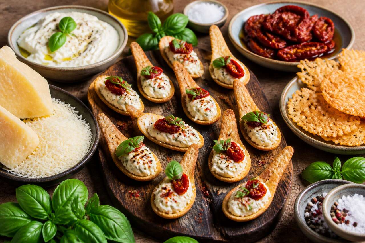 Petites cuillères croquantes à la mousse de Parmesan, basilic et tomate séchée