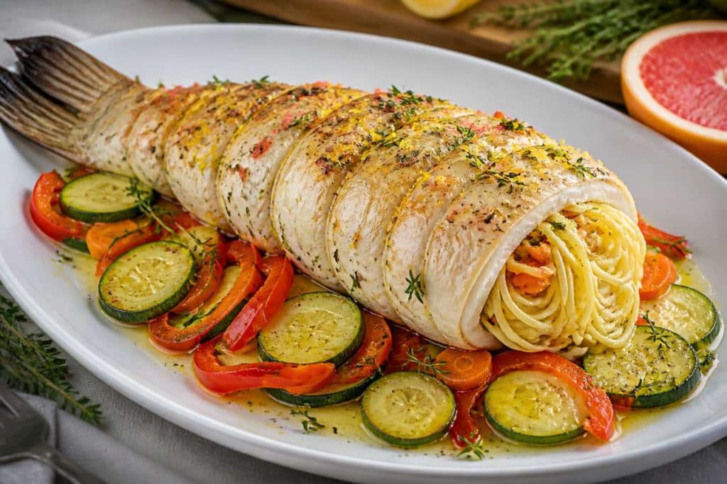 Rôti de lotte farci aux spaghettis et légumes au beurre d'agrumes