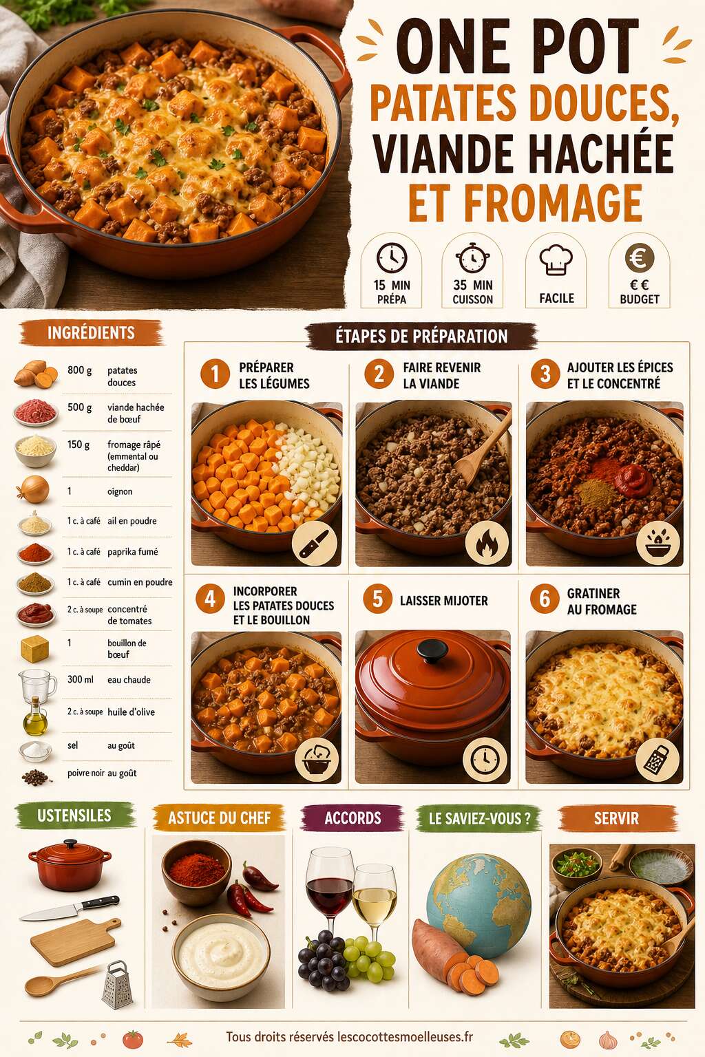 Fiche recette Recette One Pot : patates douces, viande hachée et fromage Fiche recette Recette One Pot : patates douces, viande hachée et fromage