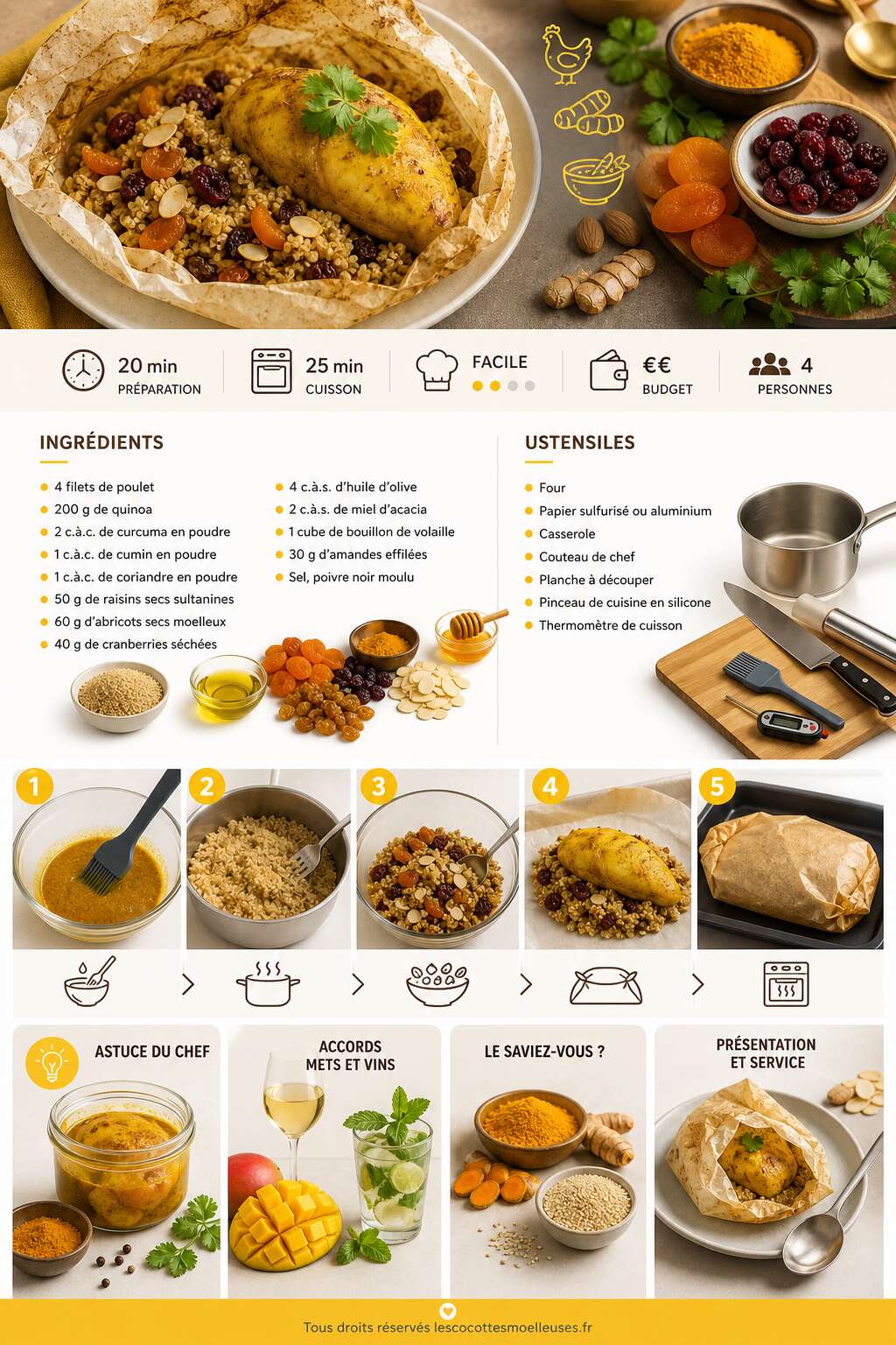 Fiche recette Papillotes de poulet au curcuma et quinoa aux fruits Fiche recette Papillotes de poulet au curcuma et quinoa aux fruits