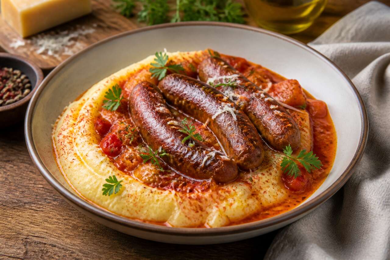 Ragoût de merguez et polenta crémeuse au parmesan : recette savoureuse