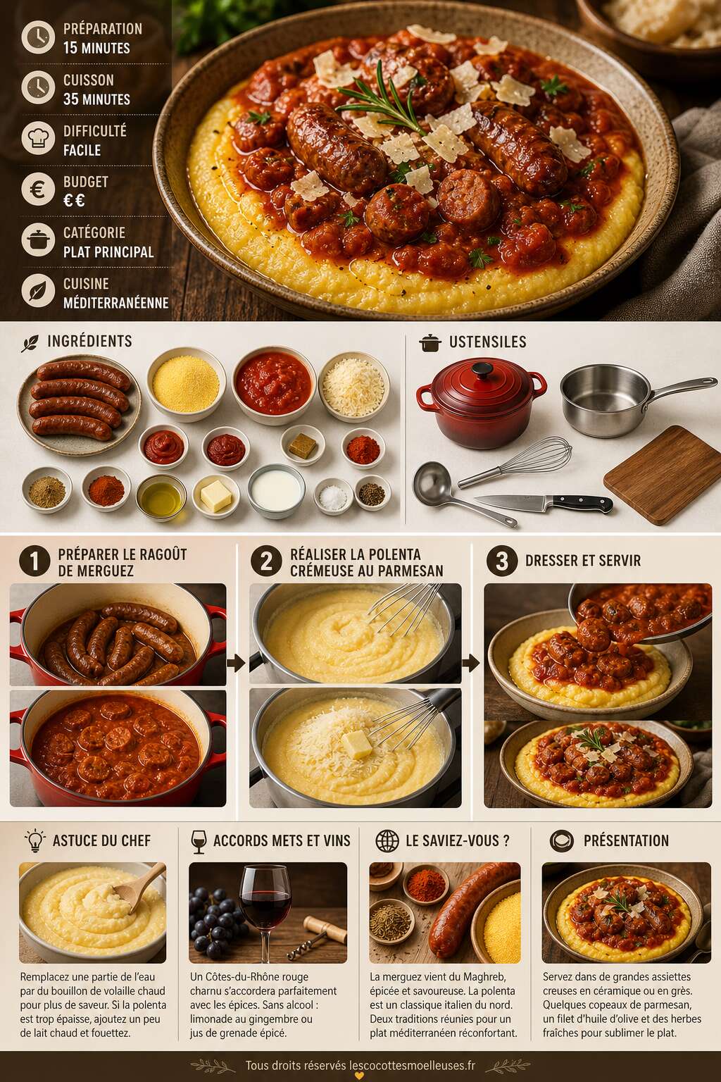 Fiche recette Ragoût de merguez et polenta crémeuse au parmesan : recette savoureuse Fiche recette Ragoût de merguez et polenta crémeuse au parmesan : recette savoureuse