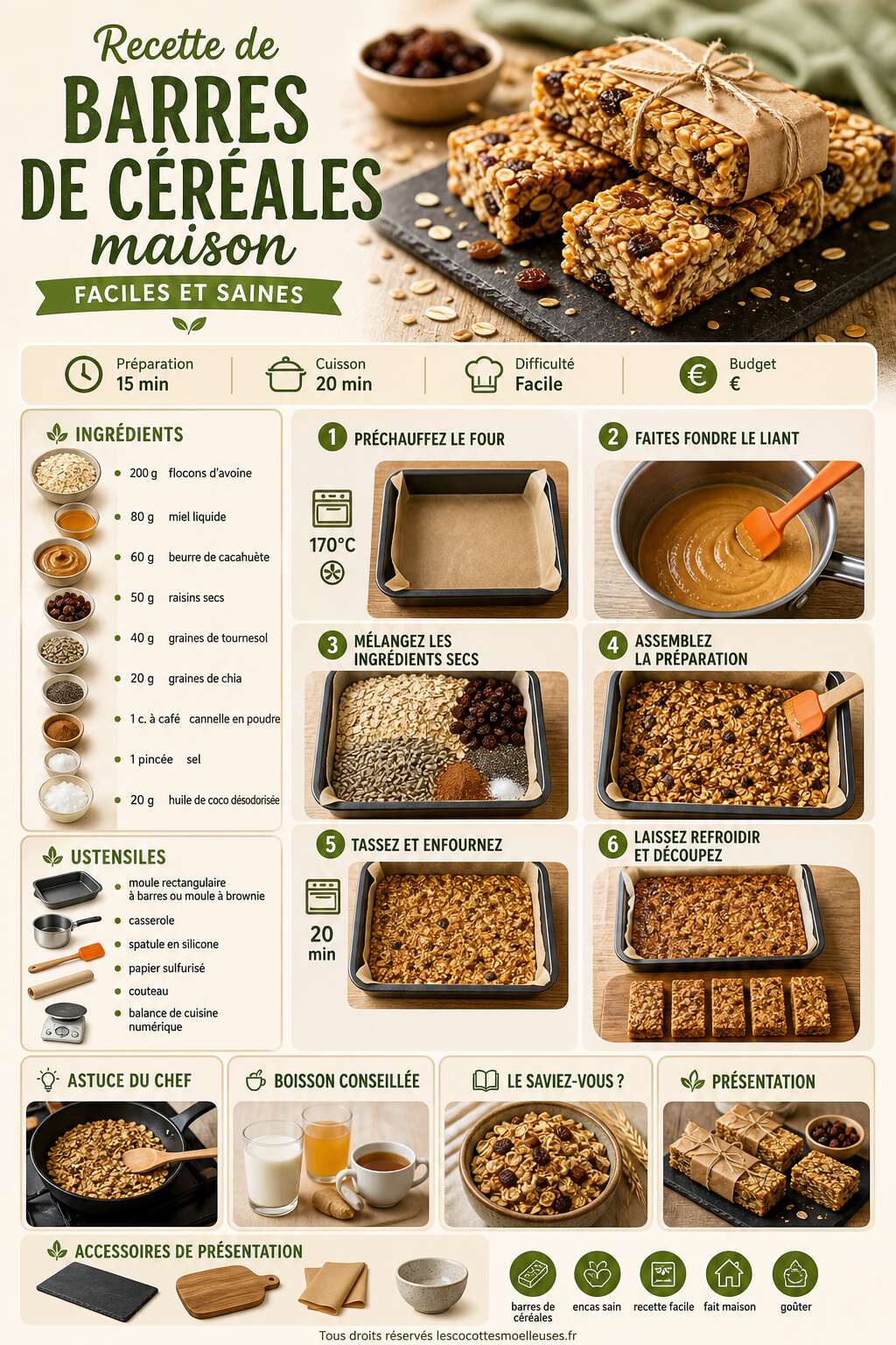 Fiche recette Recette de barres de céréales maison : faciles et saines Fiche recette Recette de barres de céréales maison : faciles et saines