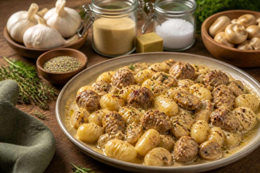 Recette de gnocchis one-pan : saucisses et champignons