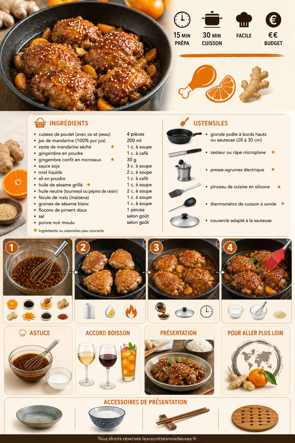 Fiche recette Poulet gingembre mandarine : recette one pan savoureuse Fiche recette Poulet gingembre mandarine : recette one pan savoureuse
