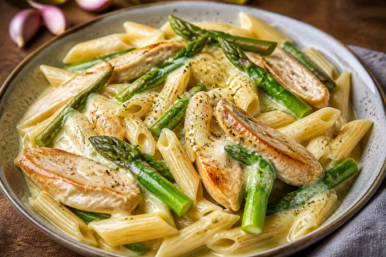 Penne au poulet, asperges vertes et Munster : recette gourmande