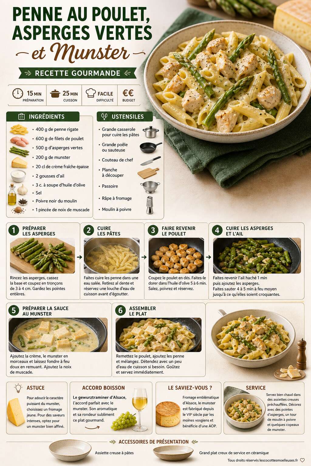 Fiche recette Penne au poulet, asperges vertes et Munster : recette gourmande Fiche recette Penne au poulet, asperges vertes et Munster : recette gourmande