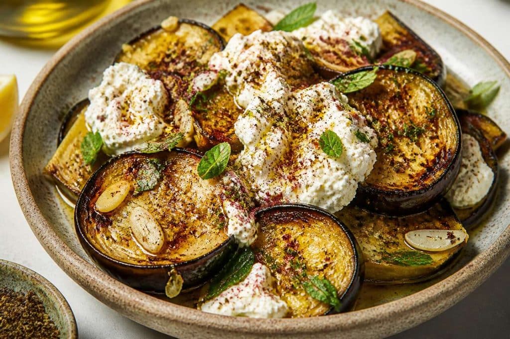 Salade d'aubergines rôties au fromage frais
