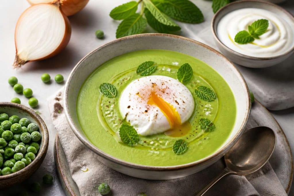 Velouté de petits pois à la menthe et œuf poché : recette savoureuse