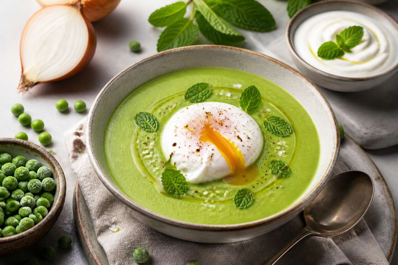 Velouté de petits pois à la menthe et œuf poché : recette savoureuse