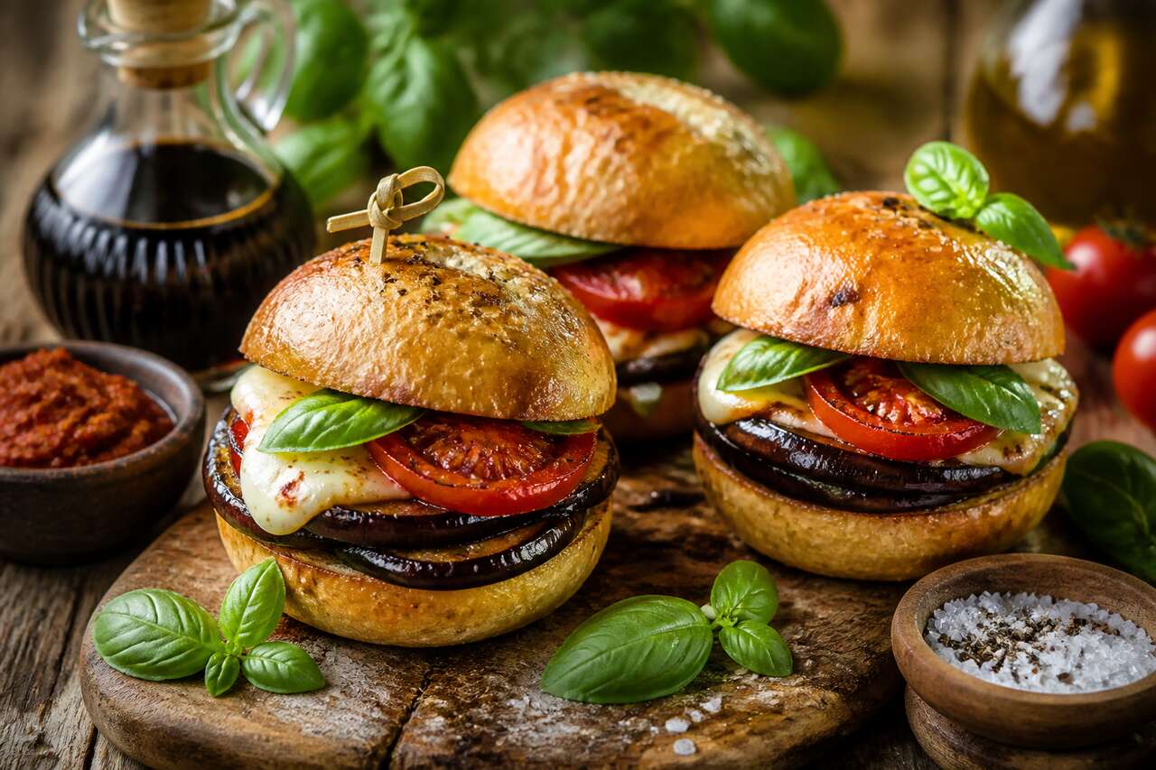 Mini-burgers tomate, aubergine et mozzarella : recette gourmande