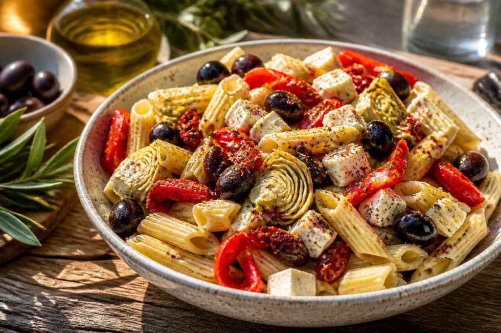 Salade de penne à la grecque : recette fraîche et savoureuse