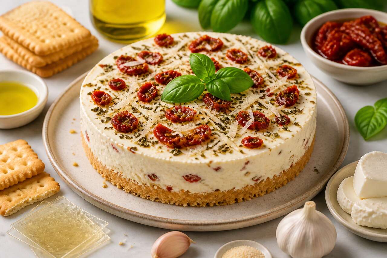 Recette de cheesecake au St Môret, tomates séchées et basilic