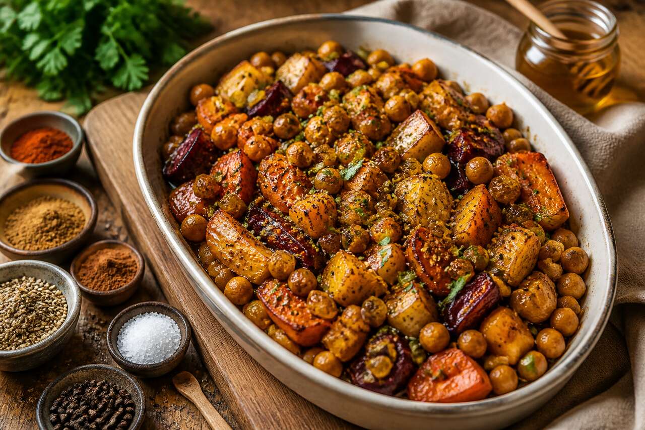 Cocotte de légumes racines rôtis aux pois chiches, miel et zaatar
