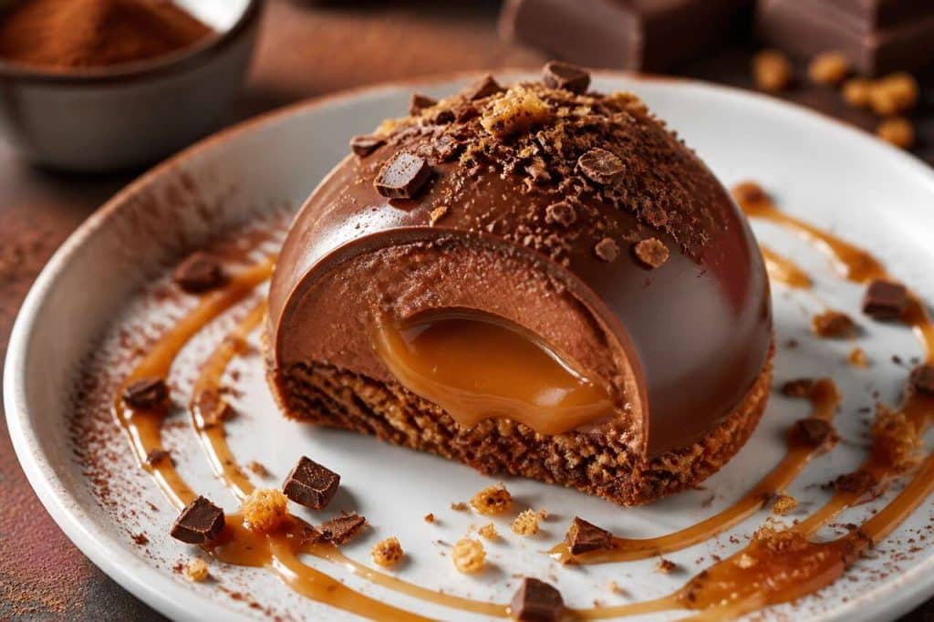 Dôme de mousse au chocolat et caramel sur croustillant praliné