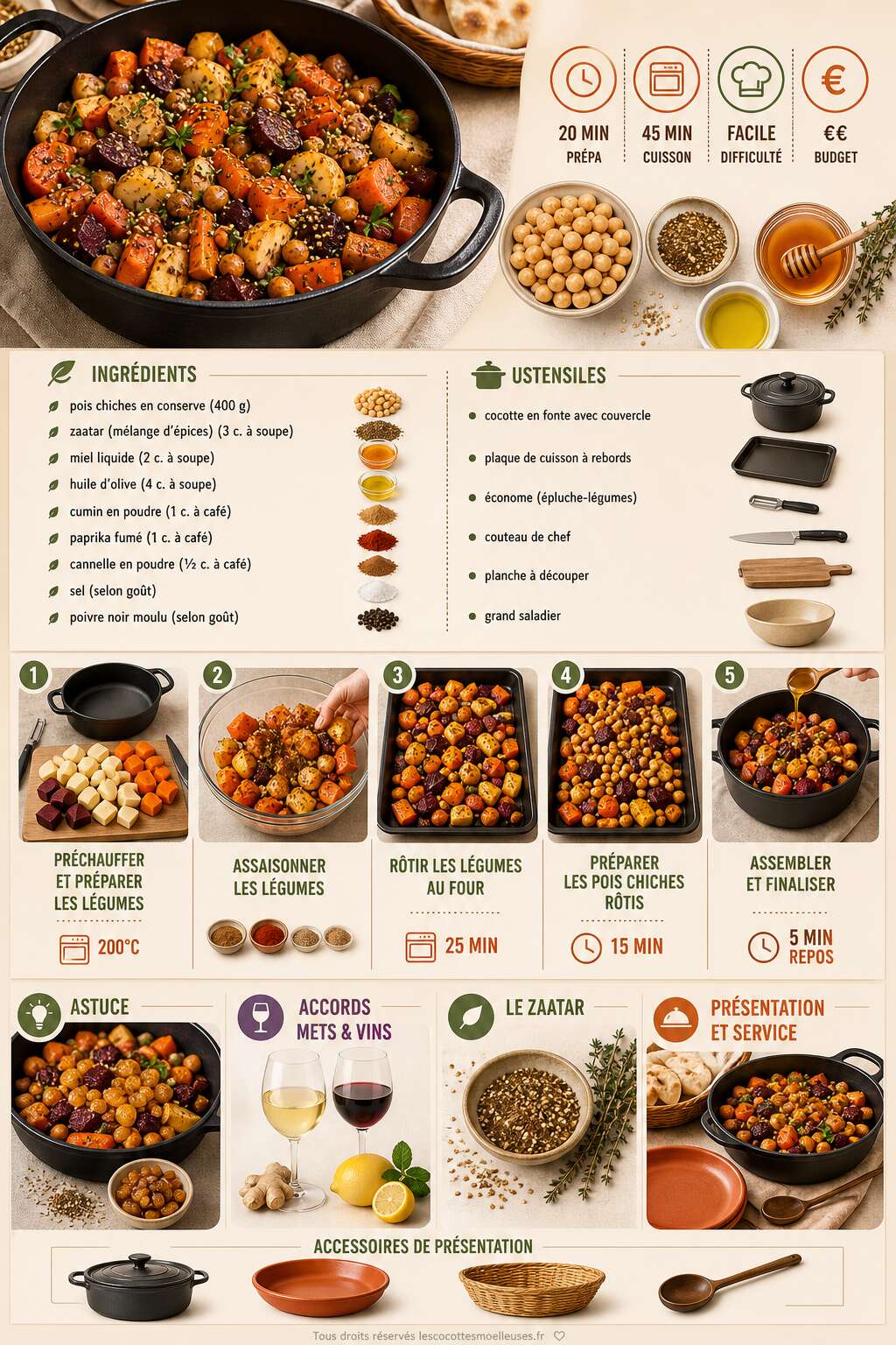 Fiche recette Cocotte de légumes racines rôtis aux pois chiches, miel et zaatar Fiche recette Cocotte de légumes racines rôtis aux pois chiches, miel et zaatar