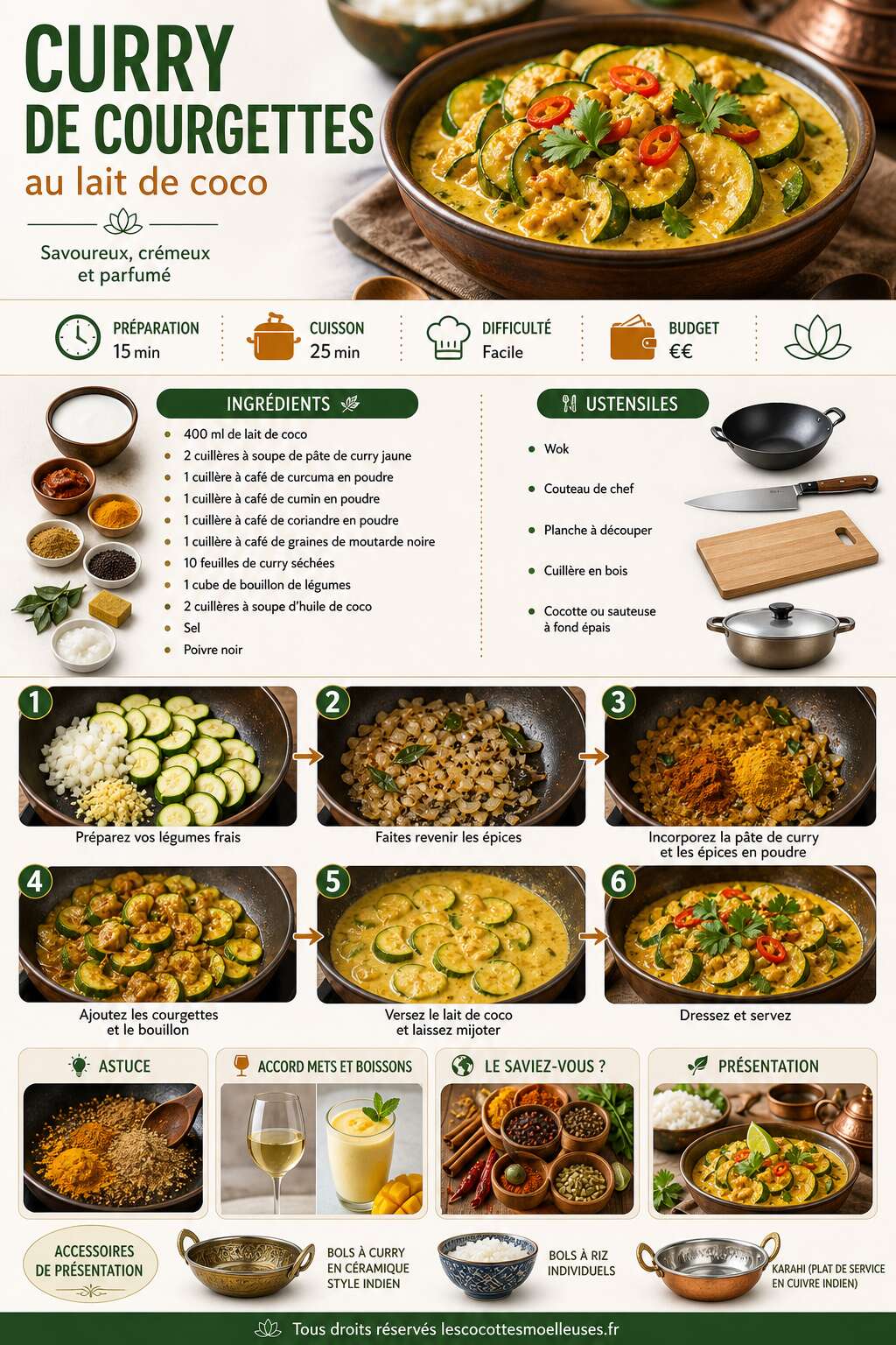 Fiche recette Curry de courgettes : une recette au lait de coco savoureuse