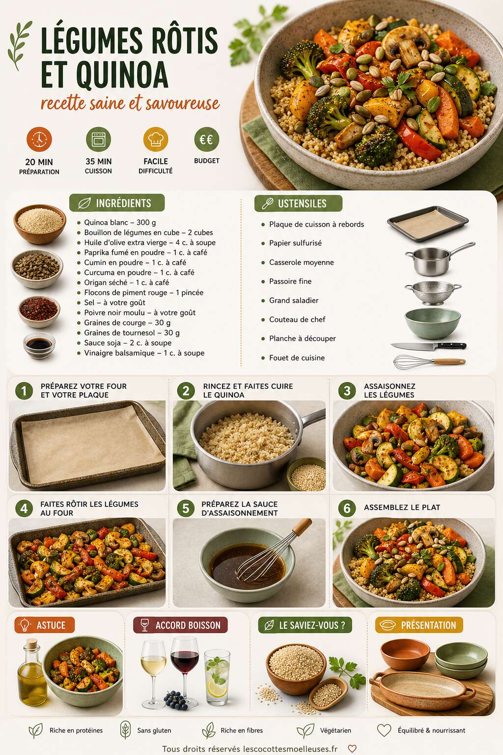 Fiche recette L&eacute;gumes r&ocirc;tis et quinoa : recette saine et savoureuse