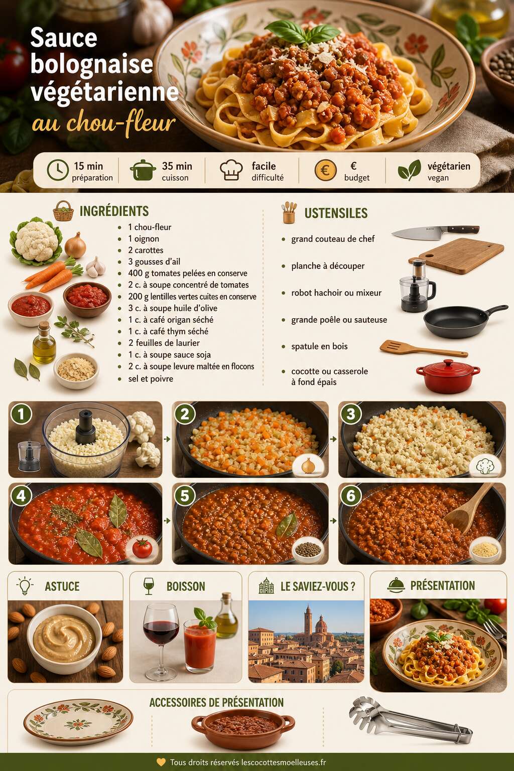 Fiche recette Sauce bolognaise v&eacute;g&eacute;tarienne au chou-fleur : la recette facile