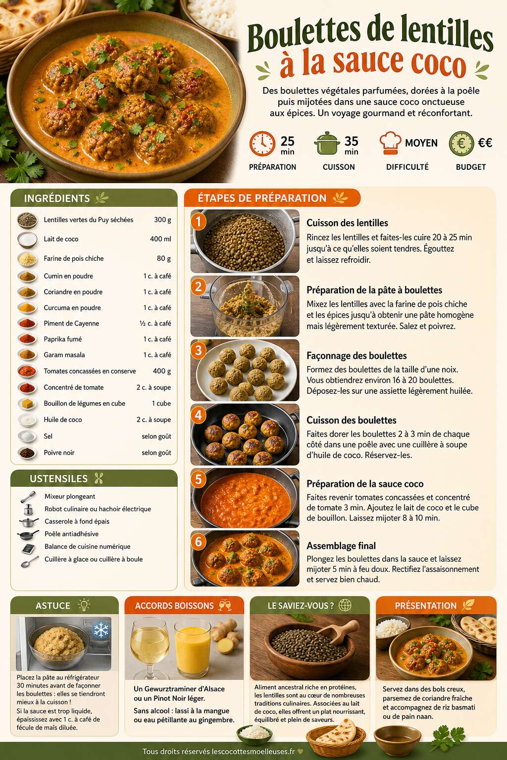 Fiche recette Recette de boulettes de lentilles à la sauce coco Fiche recette Recette de boulettes de lentilles à la sauce coco