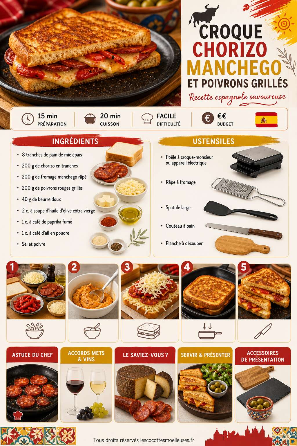 Fiche recette Croque chorizo manchego et poivrons grill&eacute;s : recette espagnole savoureuse