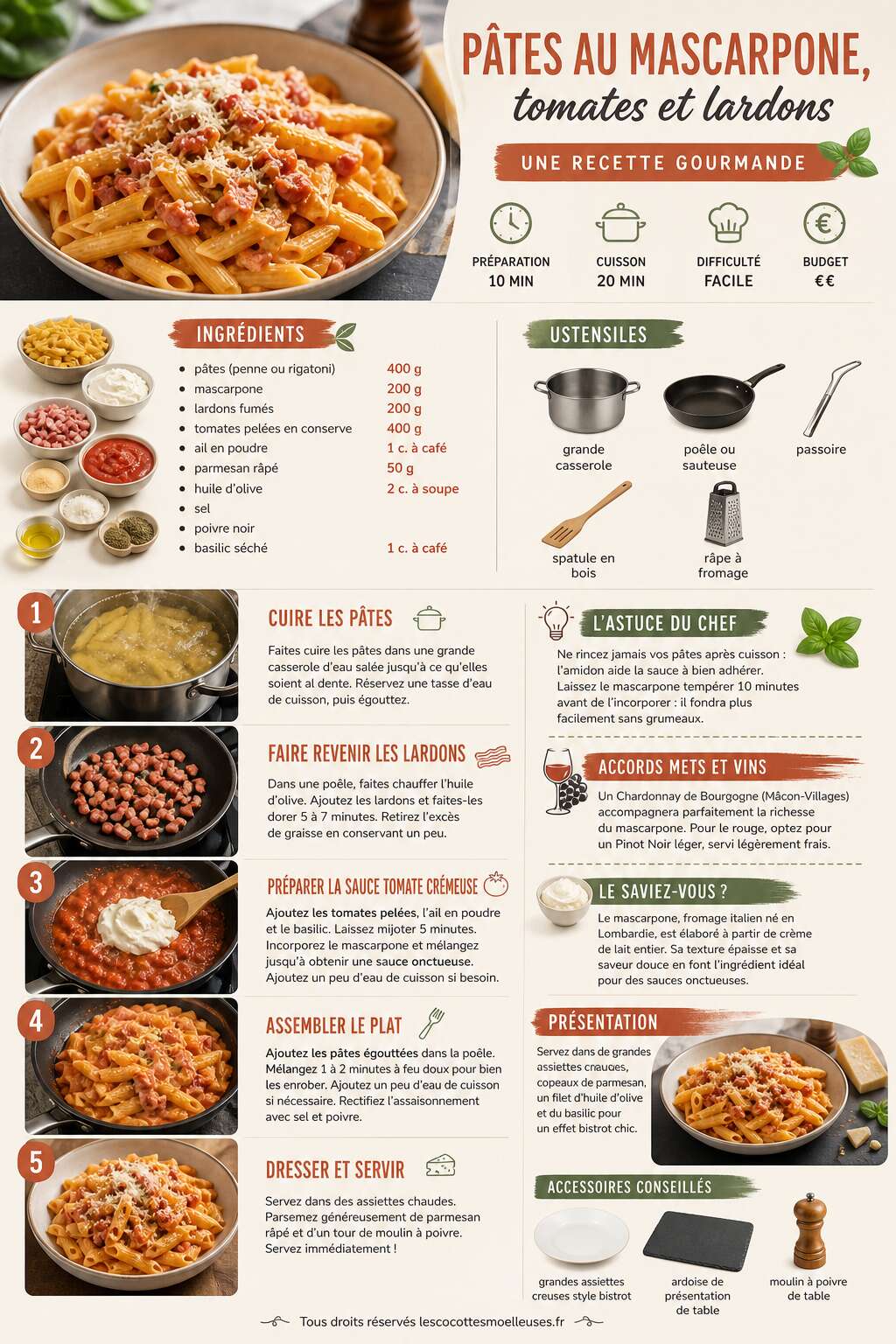Fiche recette P&acirc;tes au mascarpone, tomates et lardons : une recette gourmande