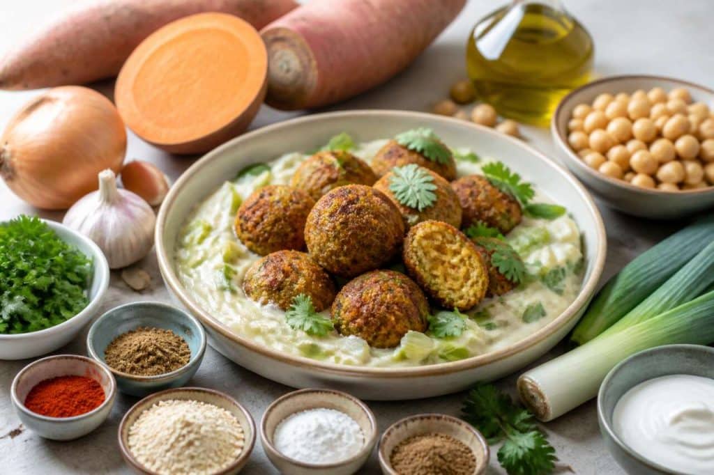Recette : falafels de patate douce à la fondue de poireaux