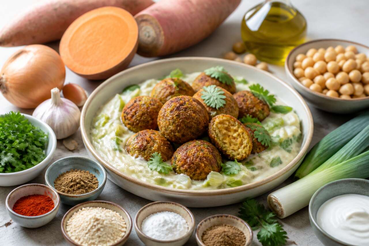 Recette : falafels de patate douce à la fondue de poireaux
