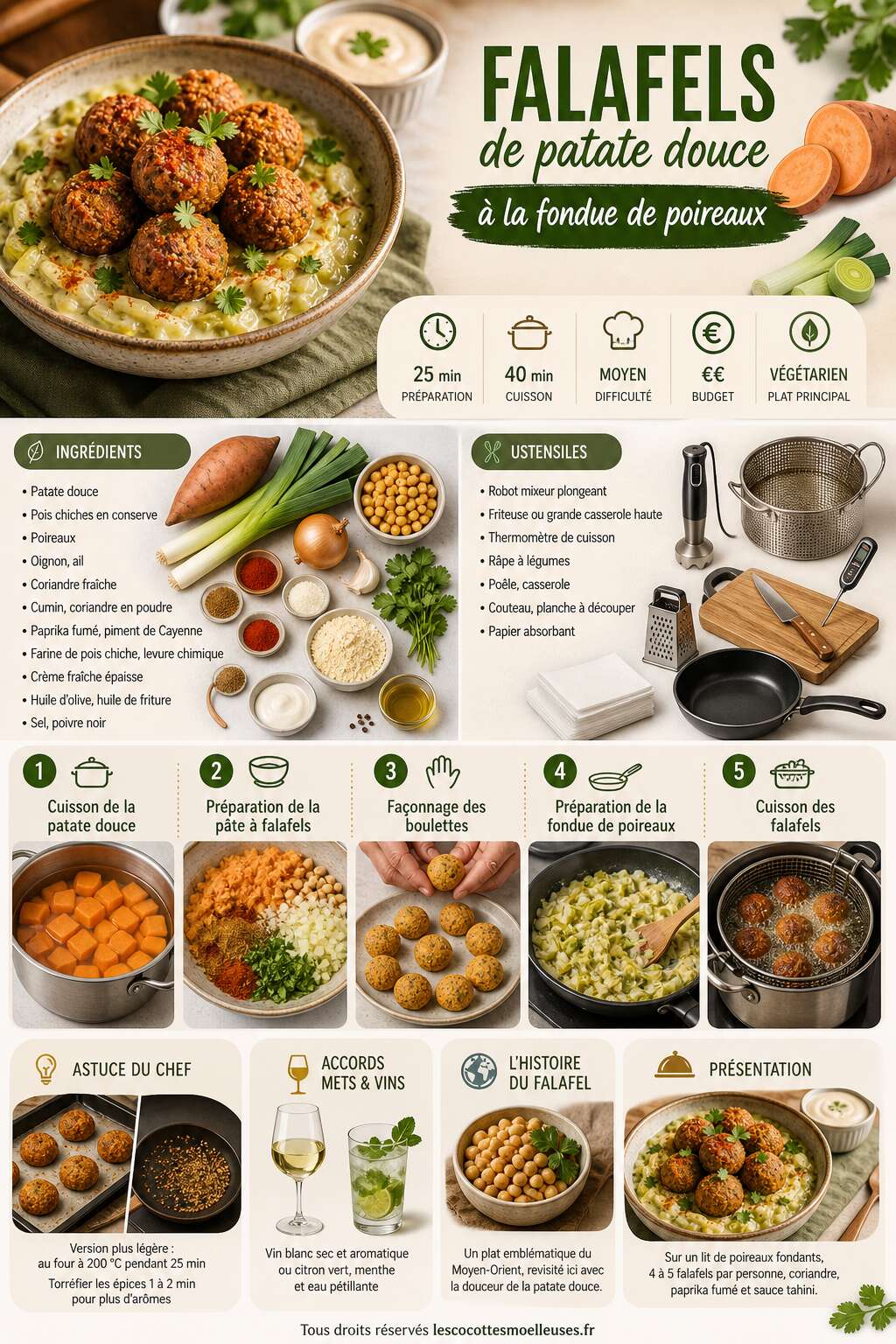 Fiche recette Recette : falafels de patate douce &agrave; la fondue de poireaux