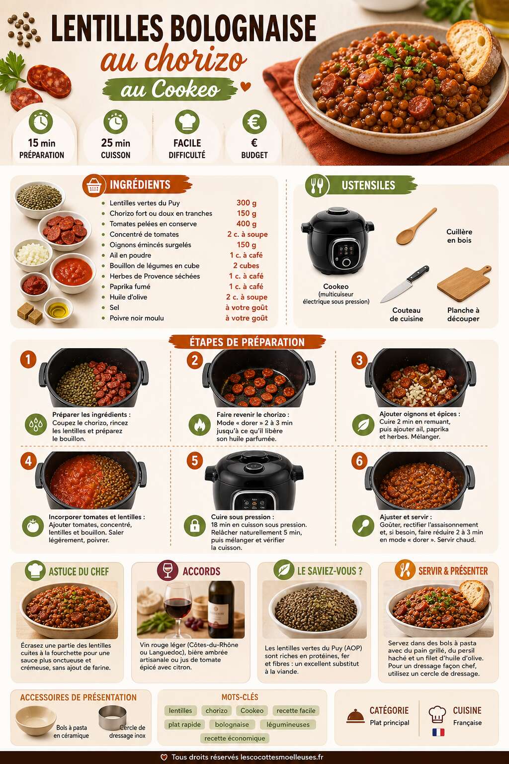 Fiche recette Lentilles bolognaise au chorizo au Cookeo