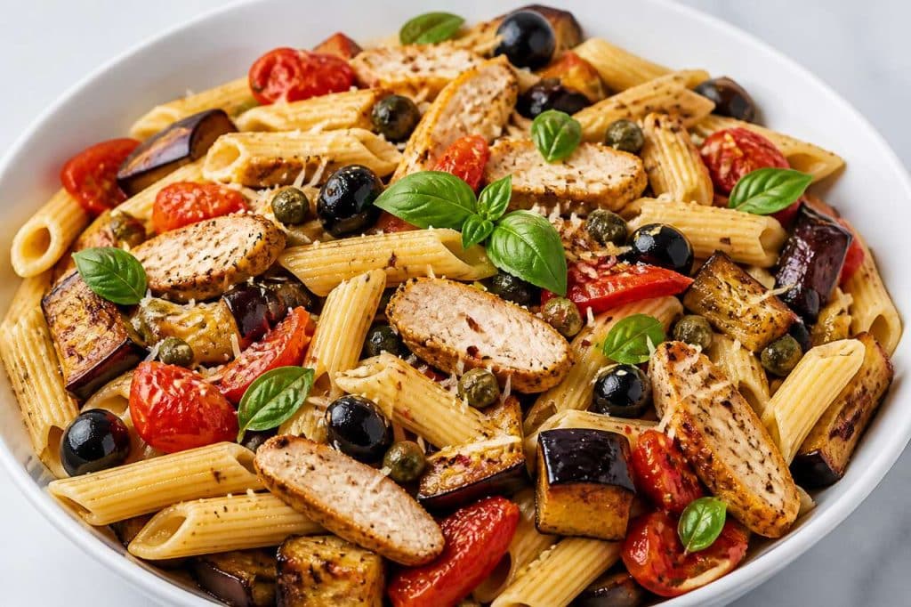 Salade de penne aux aubergines et poulet émincé : recette gourmande
