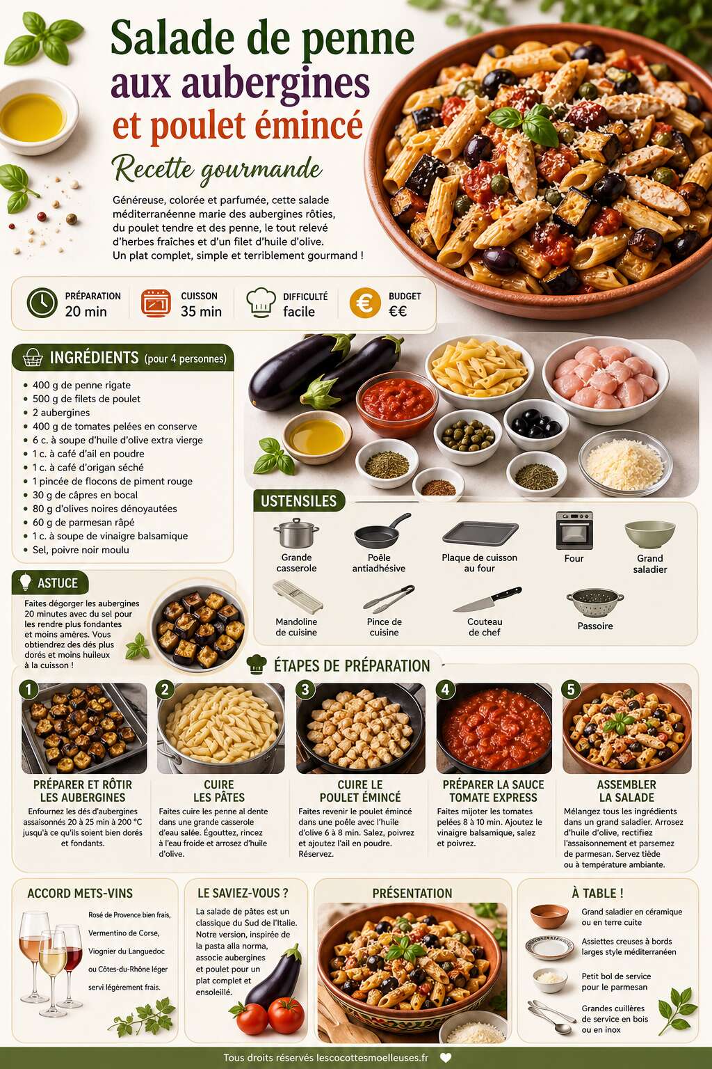 Fiche recette Salade de penne aux aubergines et poulet émincé : recette gourmande Fiche recette Salade de penne aux aubergines et poulet émincé : recette gourmande