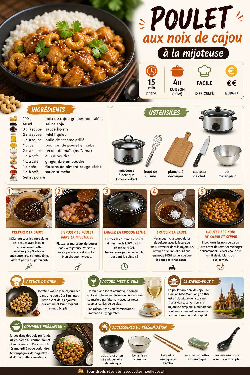 Fiche recette Poulet aux noix de cajou à la mijoteuse : recette savoureuse Fiche recette Poulet aux noix de cajou à la mijoteuse : recette savoureuse