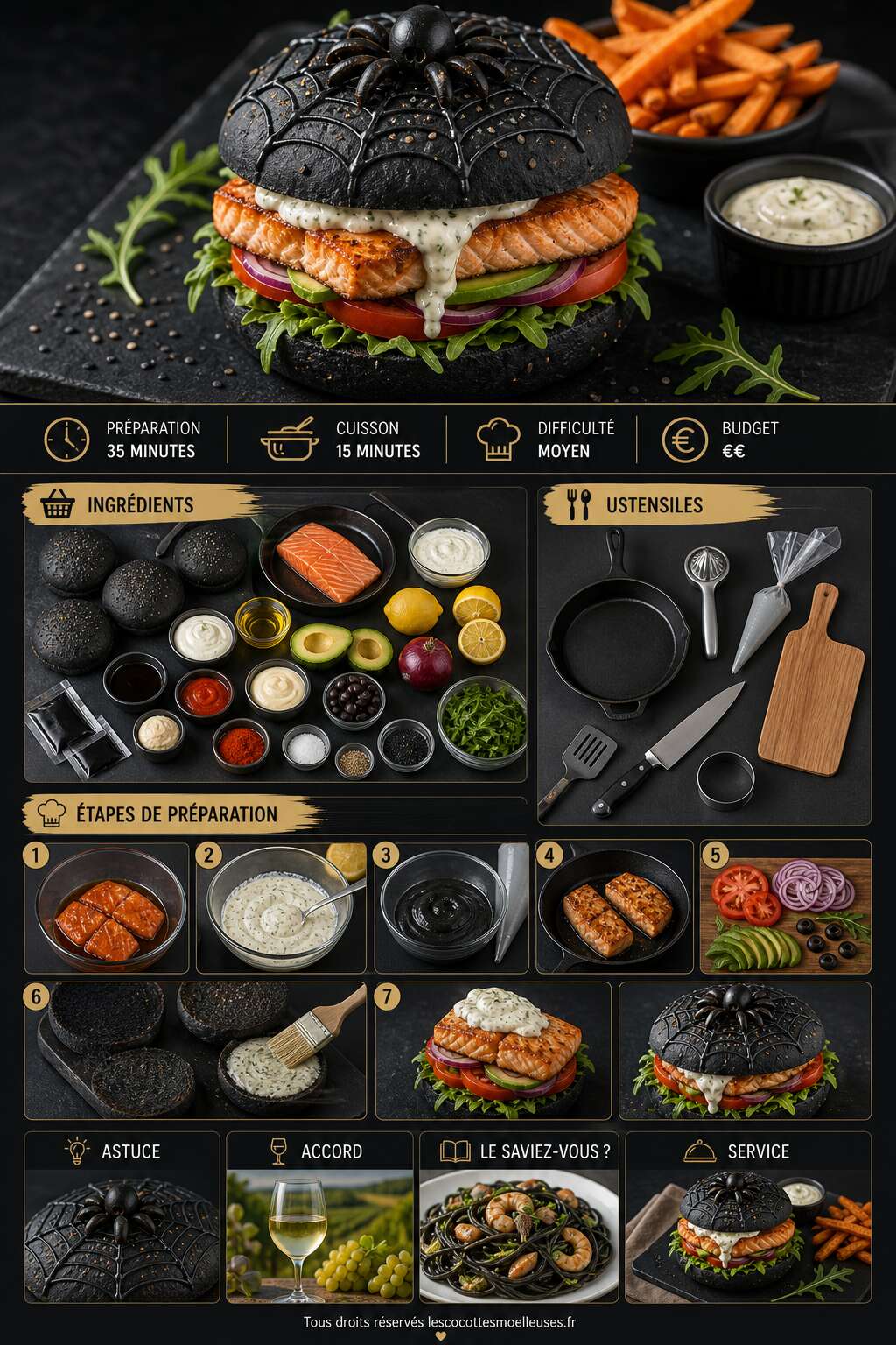 Fiche recette Burger noir araignée au saumon : recette originale Fiche recette Burger noir araignée au saumon : recette originale