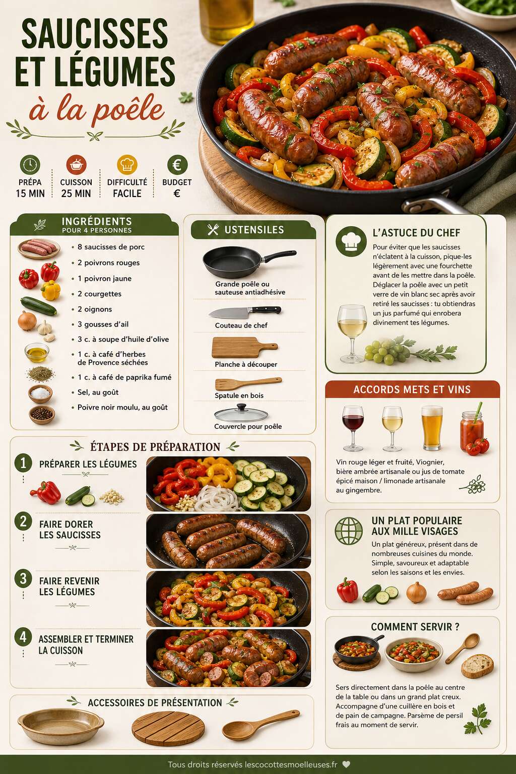 Fiche recette Saucisses et l&eacute;gumes &agrave; la po&ecirc;le : recette facile et savoureuse