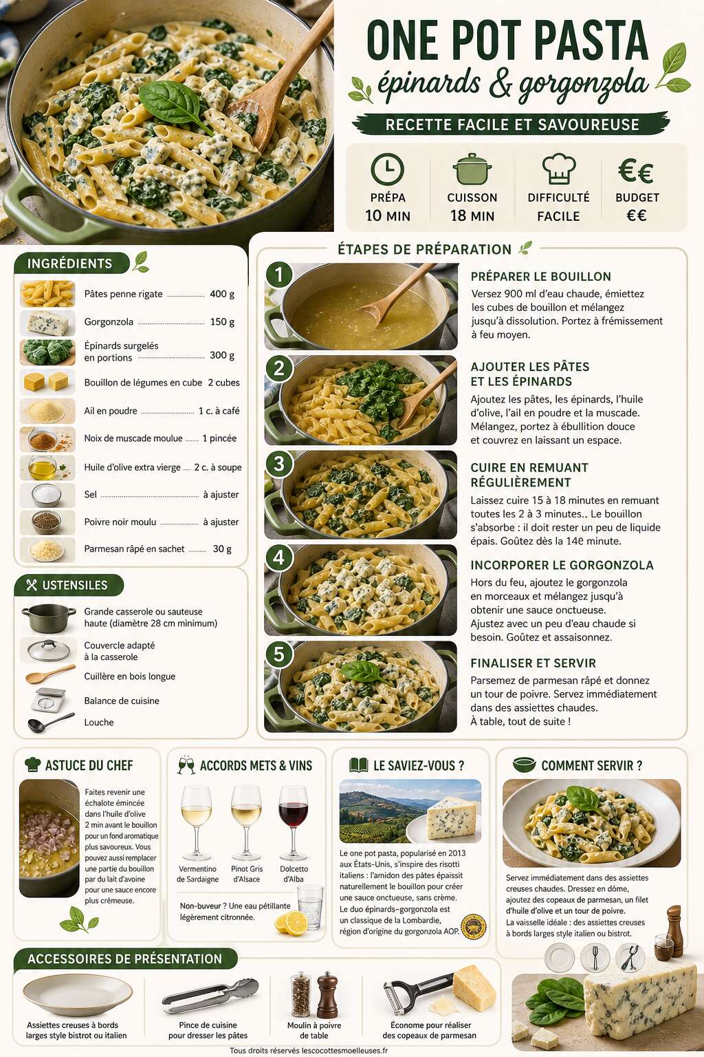 Fiche recette One pot pasta épinards et gorgonzola : recette facile et savoureuse Fiche recette One pot pasta épinards et gorgonzola : recette facile et savoureuse