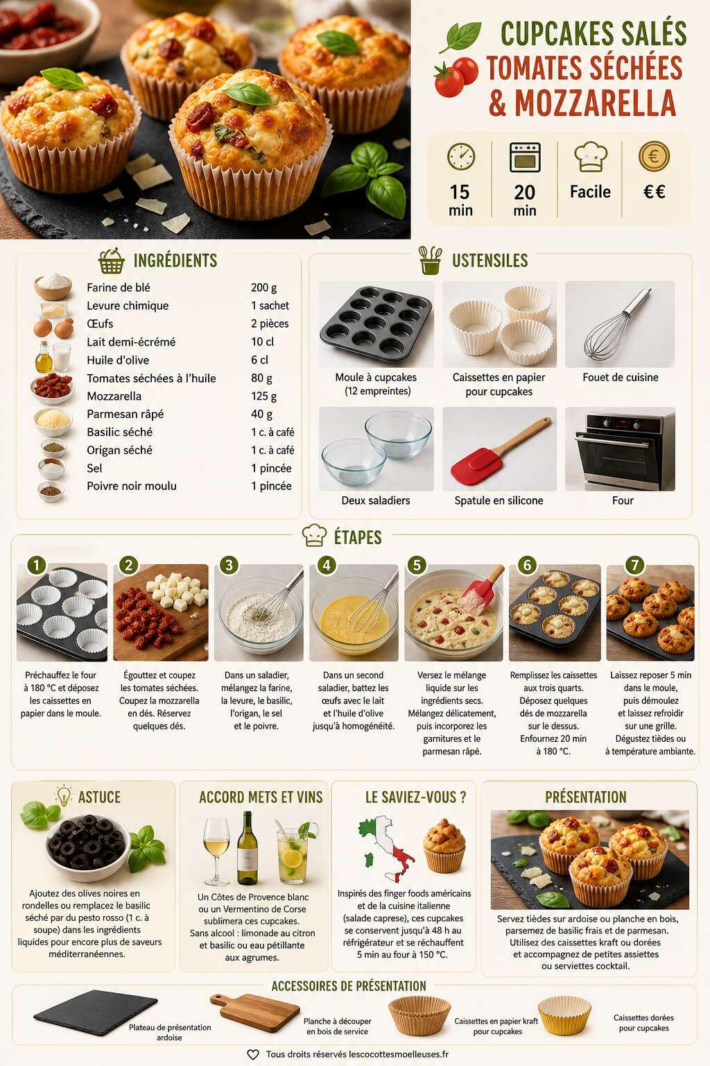 Fiche recette Cupcakes salés tomates séchées & mozzarella : recette facile Fiche recette Cupcakes salés tomates séchées & mozzarella : recette facile