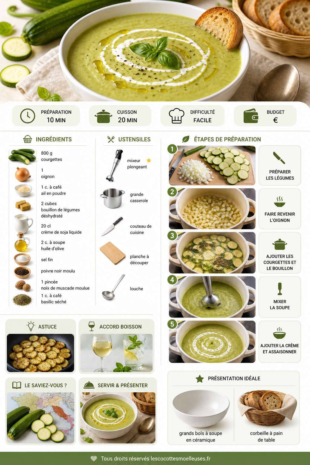 Fiche recette Soupe de courgettes : recette rapide et d&eacute;licieuse