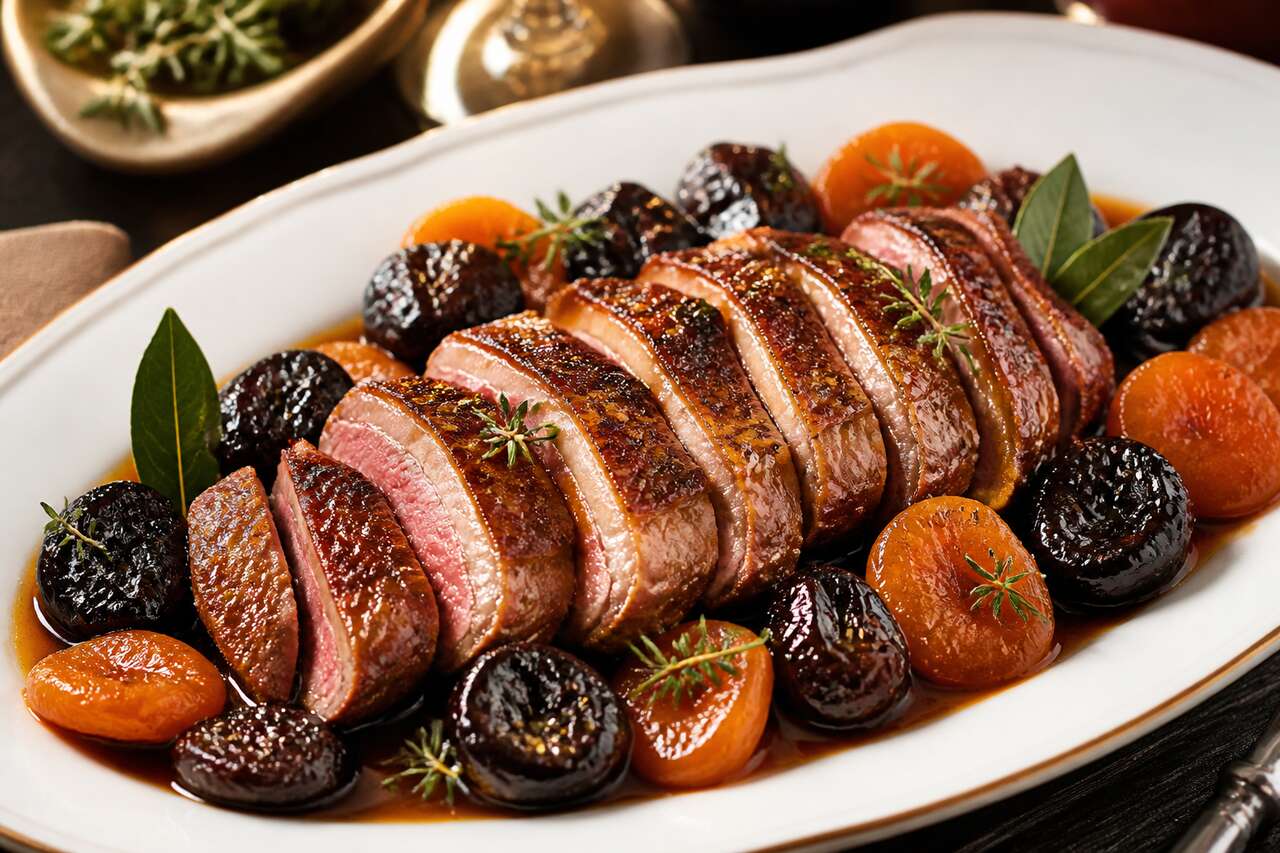 Rôti de magret de canard aux pruneaux et abricots