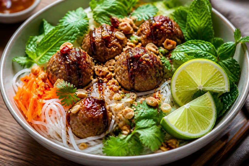 Salade vietnamienne : boulettes et nouilles de riz savoureuses