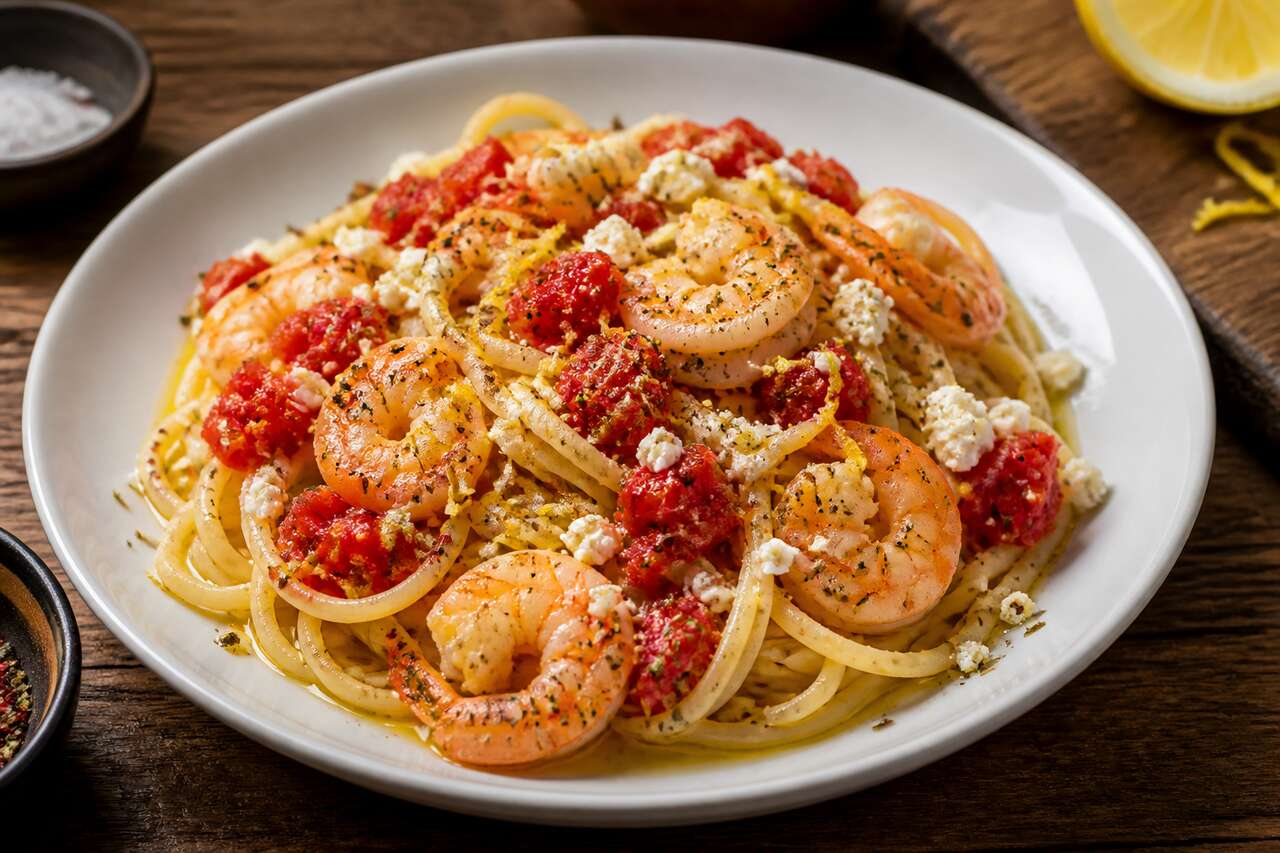 Pâtes aux crevettes, tomates et feta : recette savoureuse