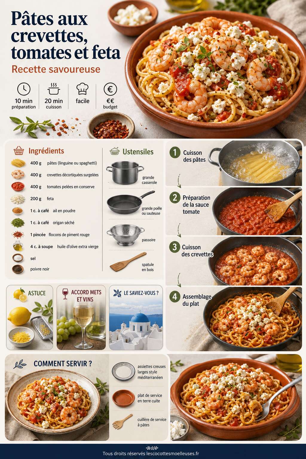 Fiche recette Pâtes aux crevettes, tomates et feta : recette savoureuse Fiche recette Pâtes aux crevettes, tomates et feta : recette savoureuse