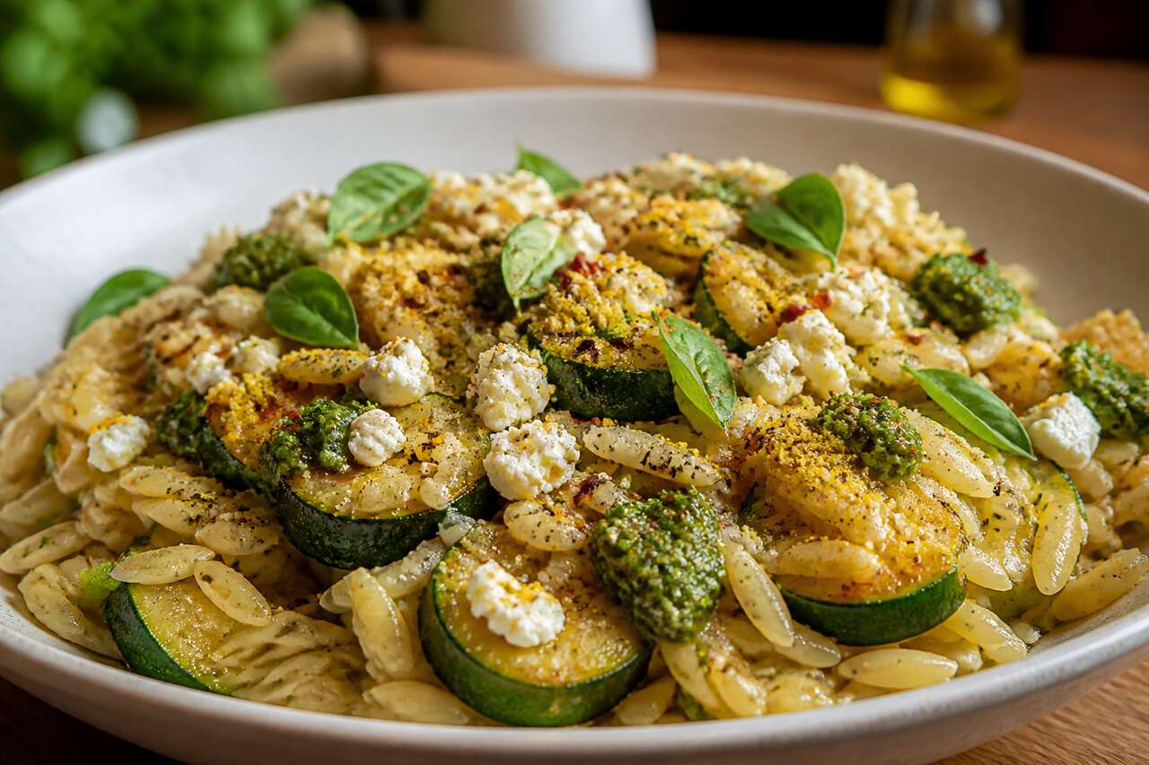 Recette d'orzo aux courgettes, feta et pesto : un délice rapide