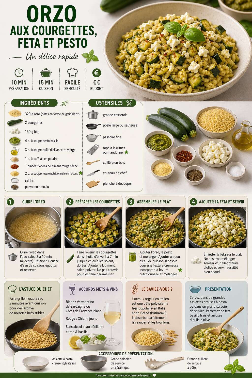 Fiche recette Recette d'orzo aux courgettes, feta et pesto : un d&eacute;lice rapide